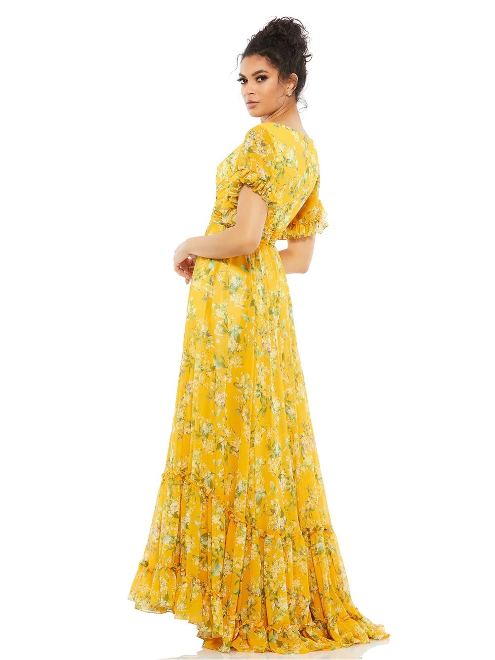Mac Duggal Yellow Multicolor Flounce Sleeve Floral Maxi Dress 12 - Picture 8 of 9